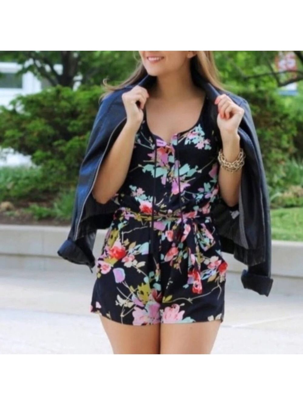 YUMI Kim Black Blossom Leah Floral Silk Romper